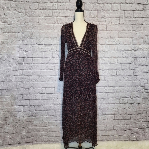 Ecote Dress Black Sheer Maroon Floral Print Split Long Sleeve V Neck Maxi Size S - Picture 2 of 12